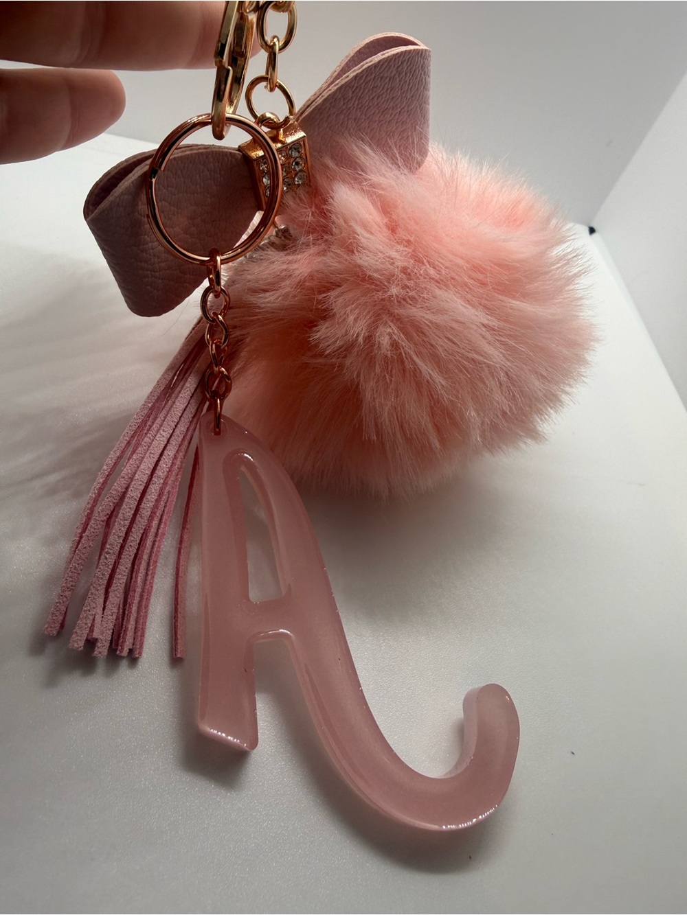 Pink Pom Pom Tassel Keychain with Letter A